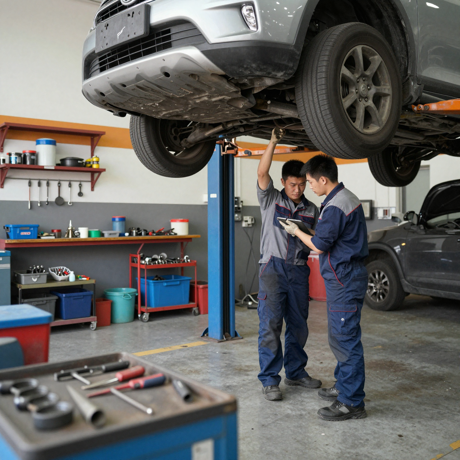 A professional auto repair shop scene, with a well-maintained car undergoing service. The workshop has clean tools, an organized space, and a mechanic working on the car, showcasing professionalism in car maintenance.