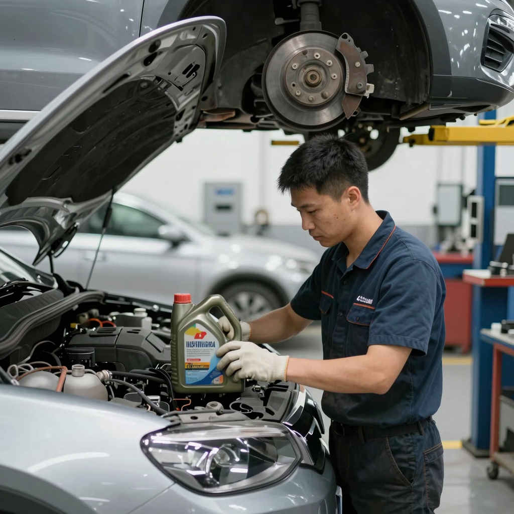 Automotive service workshop with mechanics performing various tasks
