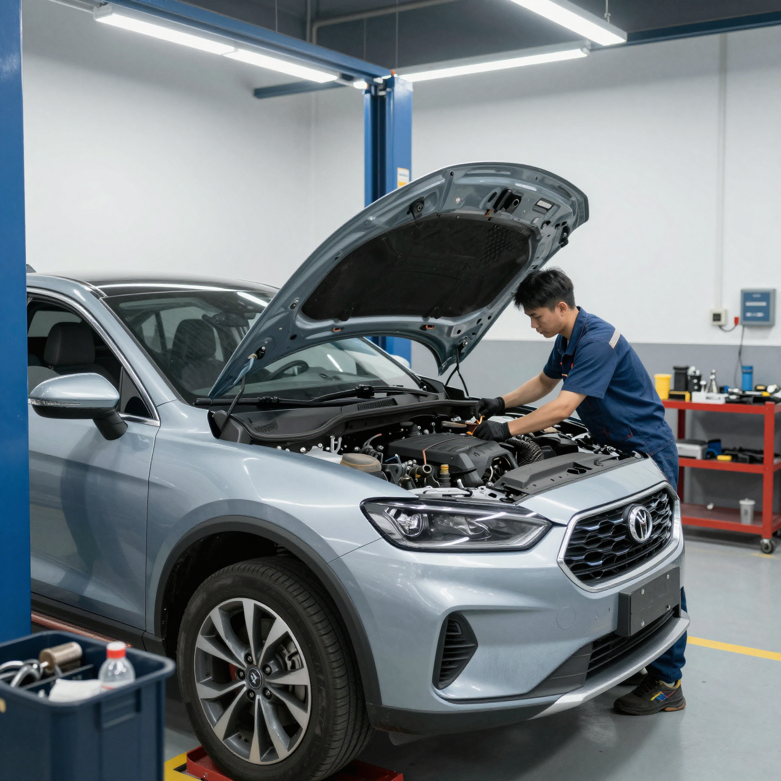 A high-quality auto service photo showcasing a modern car being serviced in a professional workshop setting. The image depicts a clean and organized garage with bright lighting, tools neatly arranged, and a mechanic working on the vehicle. Focus on clarity and detail, emphasizing the vehicle and the services being performed.