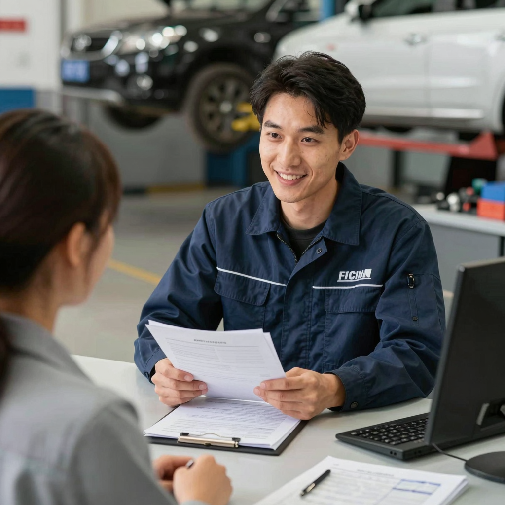 Auto care service writer interacting with clients in a car repair shop