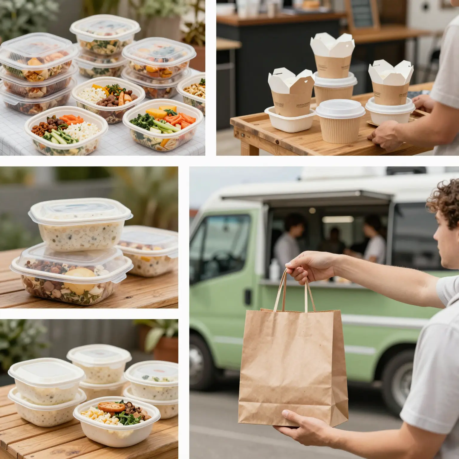 A variety of disposable food containers being used in catering, food truck, and food delivery settings