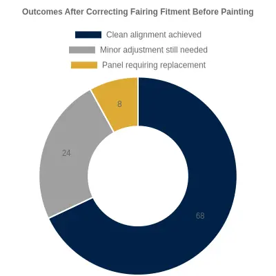 Doughnut chart titled 'Outcomes After Correcting Fairing Fitment Before Painting' showing 68% clean alignment achieved, 24% minor adjustment still needed, and 8% panel requiring replacement