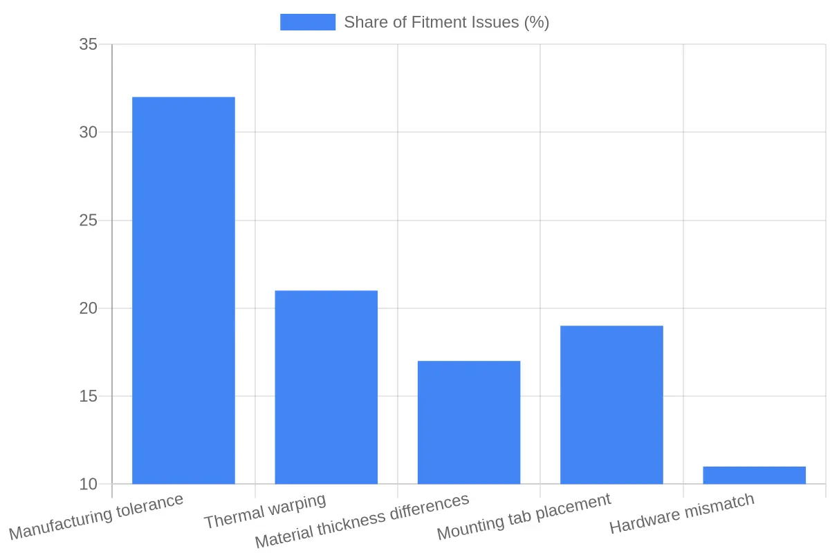 Bar chart titled "How Often Each Factor Causes Fairing Misalignment" showing estimated percentages for manufacturing tolerance, thermal warping, material thickness differences, mounting tab placement, and hardware mismatch.