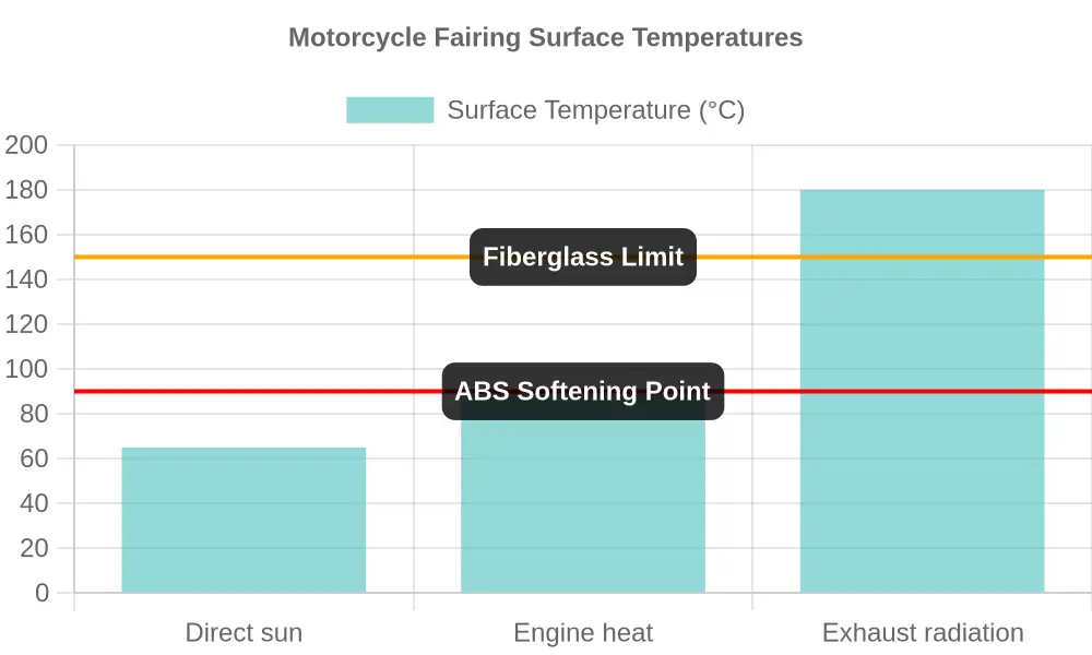 Bar chart of motorcycle fairing surface temperatures in Celsius, with reference lines marking the ABS softening point near 90 degrees and the fiberglass limit near 150 degrees