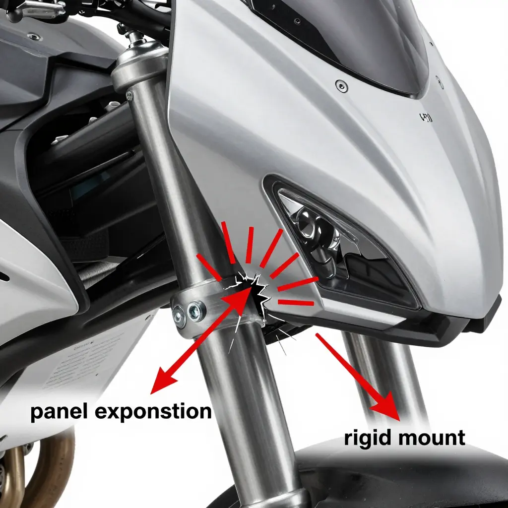Instructional cutaway diagram of a motorcycle fairing panel expanding against a rigid bolt-on mounting point, with stress cracks radiating from the fastener hole