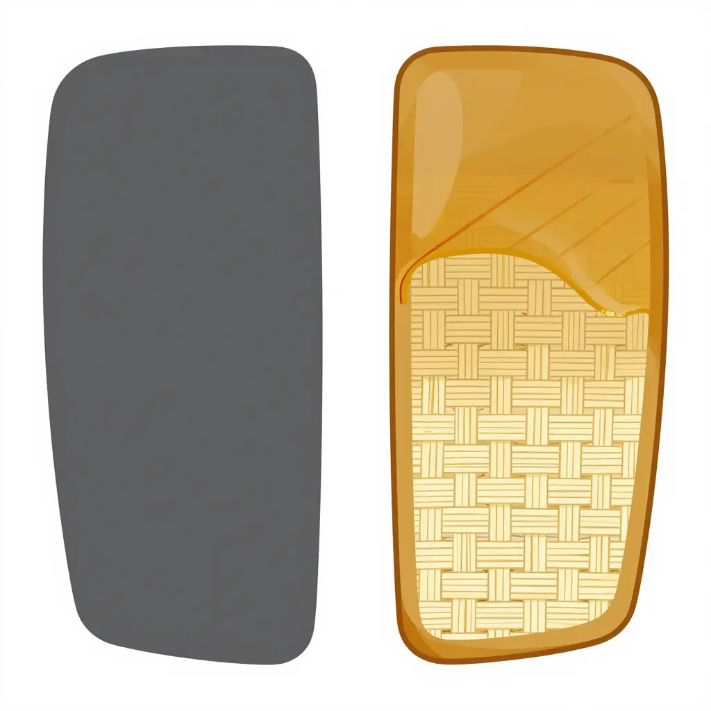 Side-by-side cross-section diagram comparing a single homogeneous ABS fairing panel with a layered fiberglass fairing panel showing a resin coat over woven fiber strands