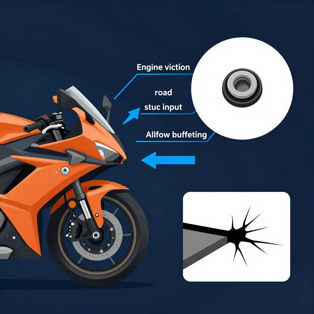 Infographic showing engine vibration, road surface input, and airflow buffeting transferring energy into a motorcycle fairing panel, with stress concentrating at a mounting bolt and rubber grommet