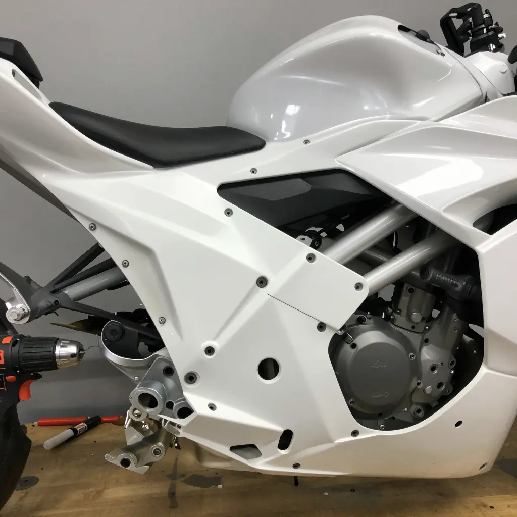 Close-up of an unpainted aftermarket motorcycle fairing panel with bolt holes that do not line up with the frame mounting bracket