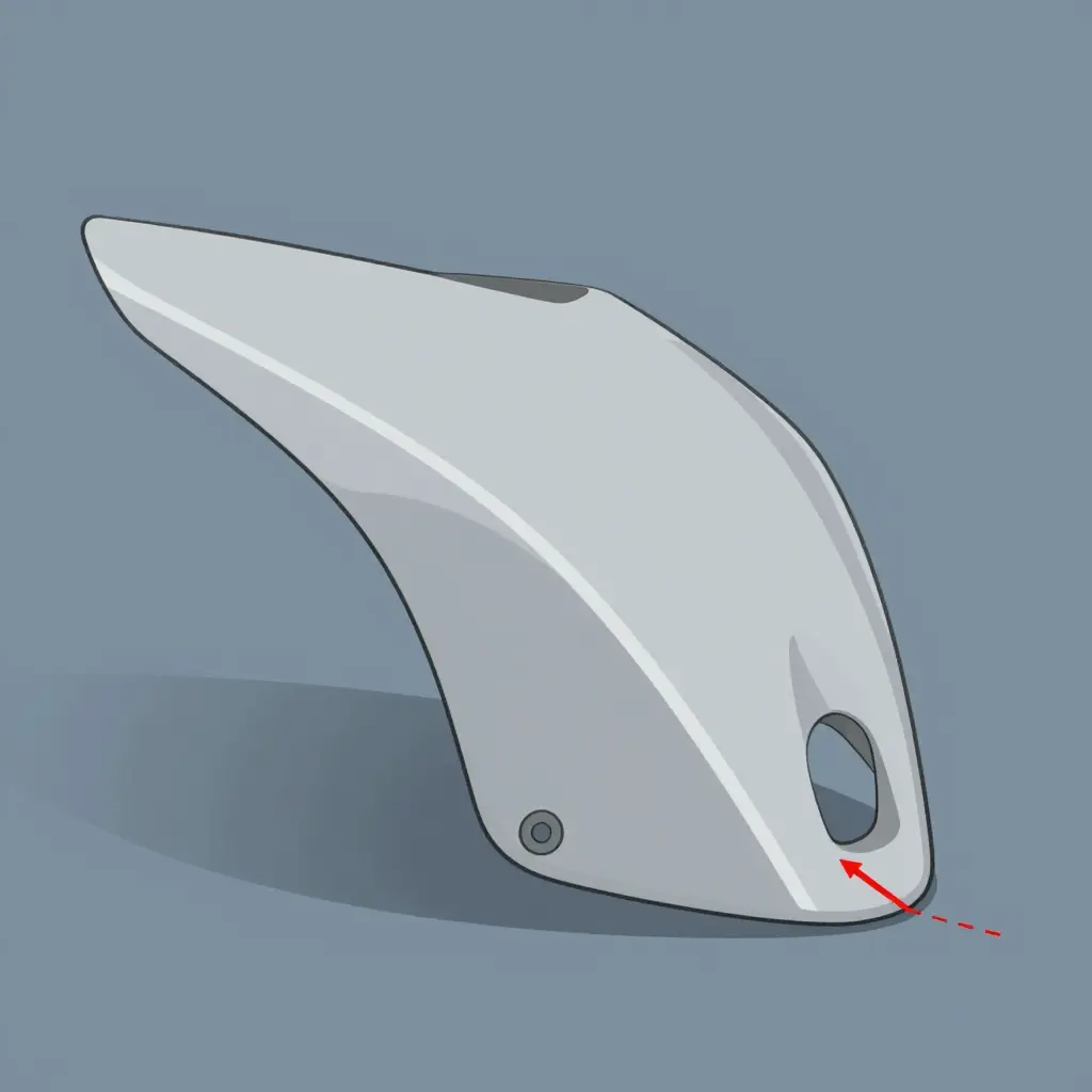 Diagram of a motorcycle fairing panel showing a bolt hole offset from its mounting tab, with the gap highlighted