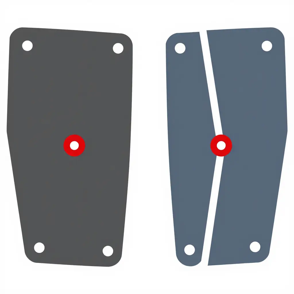 2D technical diagram showing two fairing mounting points side by side, one with perfectly aligned bolt holes and one with offset, misaligned bolt holes