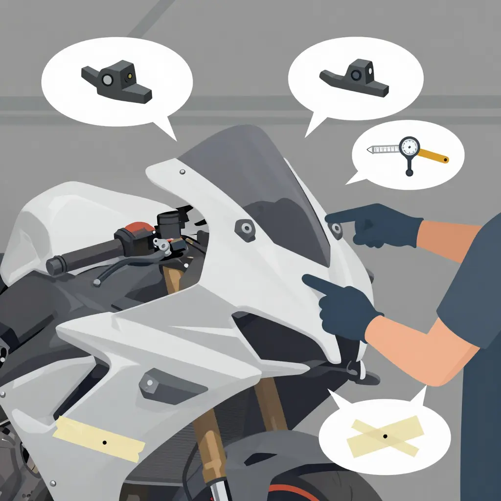 Motorcycle fairing dry-fit inspection diagram showing bolt hole alignment, mounting tabs, a measured gap, and masking-tape markers on offset holes