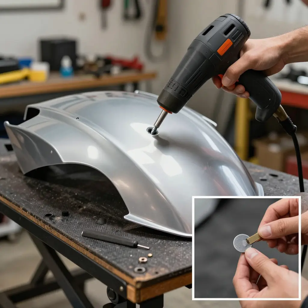 A mechanic using a heat gun to soften an aftermarket motorcycle fairing on a padded workbench, with an inset showing a bolt hole being filed into a short slot