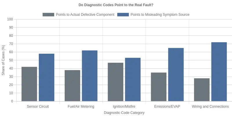 Grouped bar chart titled "Do Diagnostic Codes Point to the Real Fault?" comparing, across five code categories, the share of cases where the code points to the actual defective component versus a misleading symptom source.